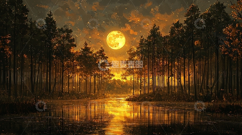 高清大图下载【趣麦麦图】森林湖泊夜景月光唯美