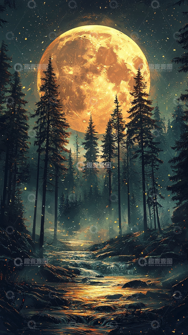 高清大图下载【趣麦麦图】森林月夜高清图片
