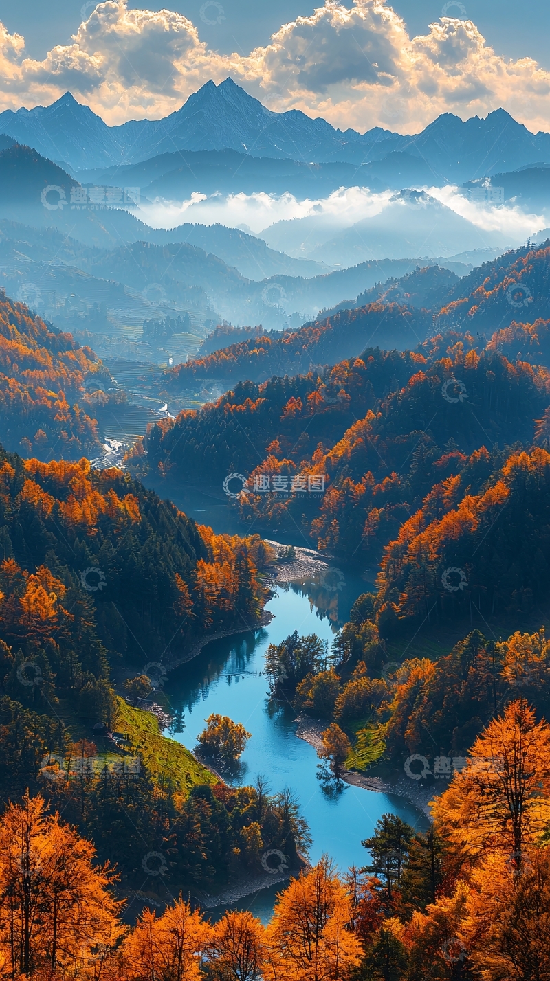 高清大图下载【趣麦麦图】山间秋色河流纵横交错