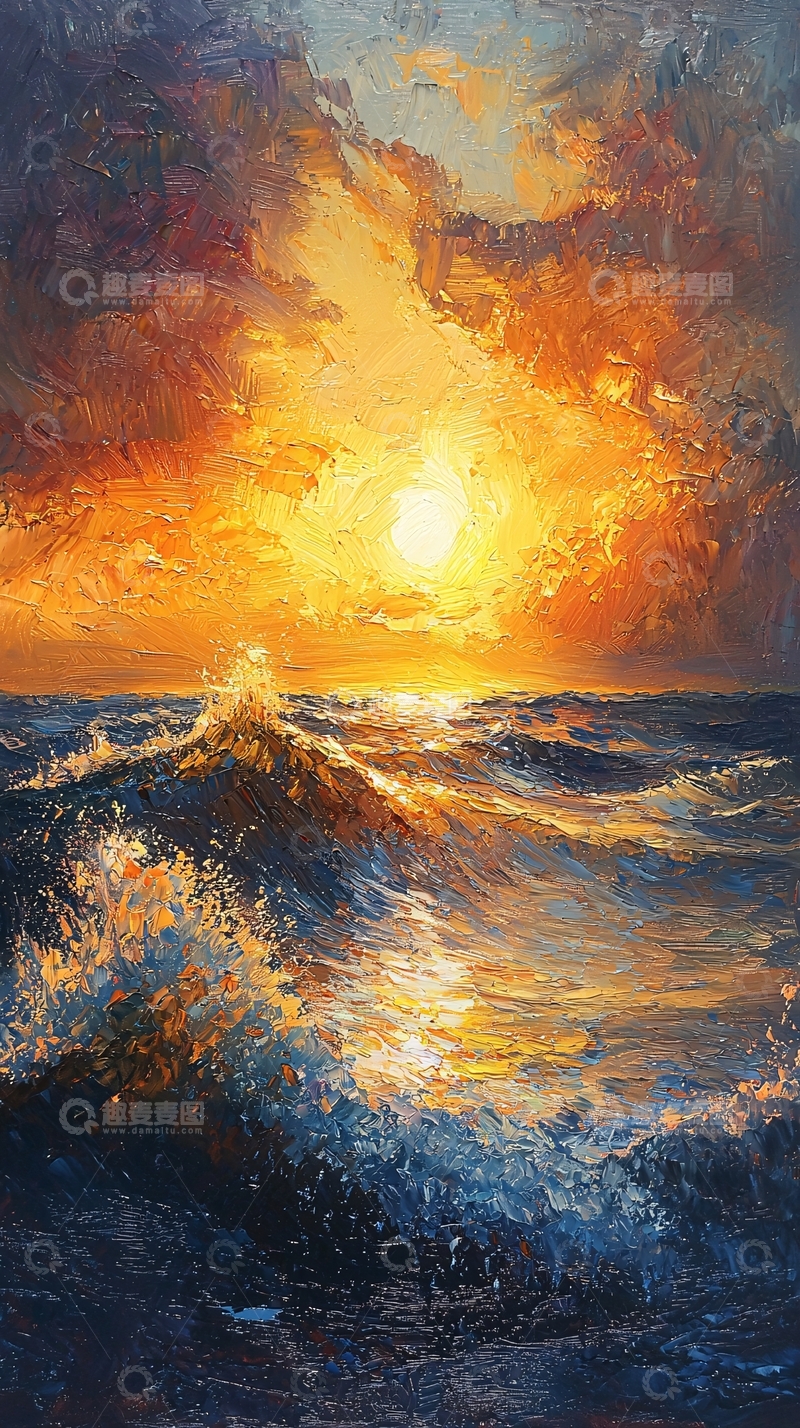 高清大图下载【趣麦麦图】海浪涌动金色天空油画