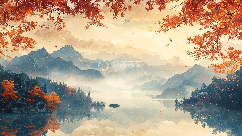 高清大图下载【趣麦麦图】水墨山水红叶湖泊