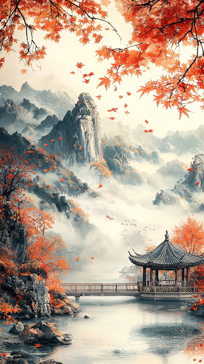 高清大图下载【趣麦麦图】山水红叶亭台楼阁水墨画