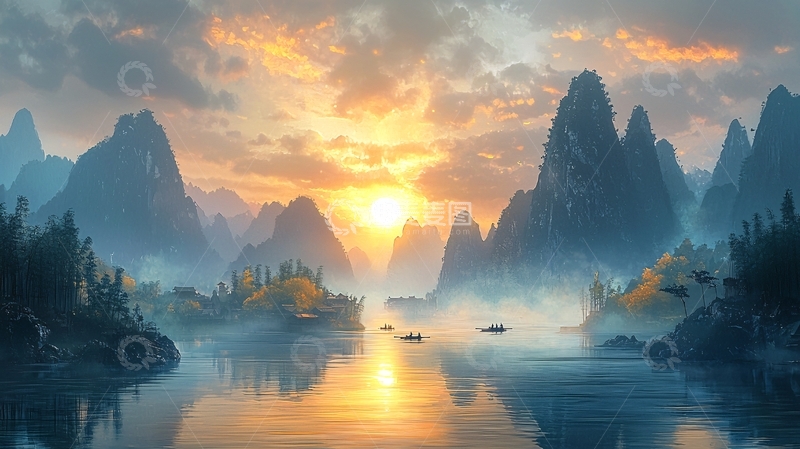 高清大图下载【趣麦麦图】桂林山水日出