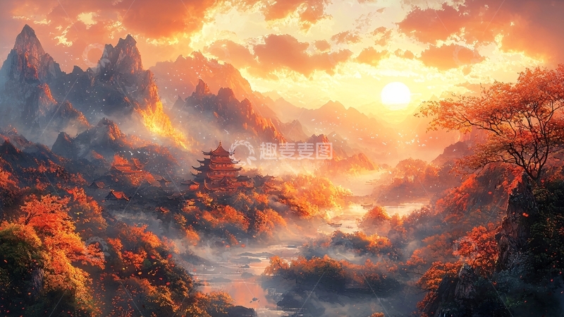 高清大图下载【趣麦麦图】山间夕阳下的古风建筑