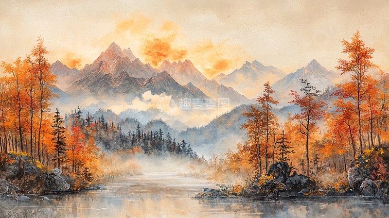 高清大图下载【趣麦麦图】秋日山水水墨风景画
