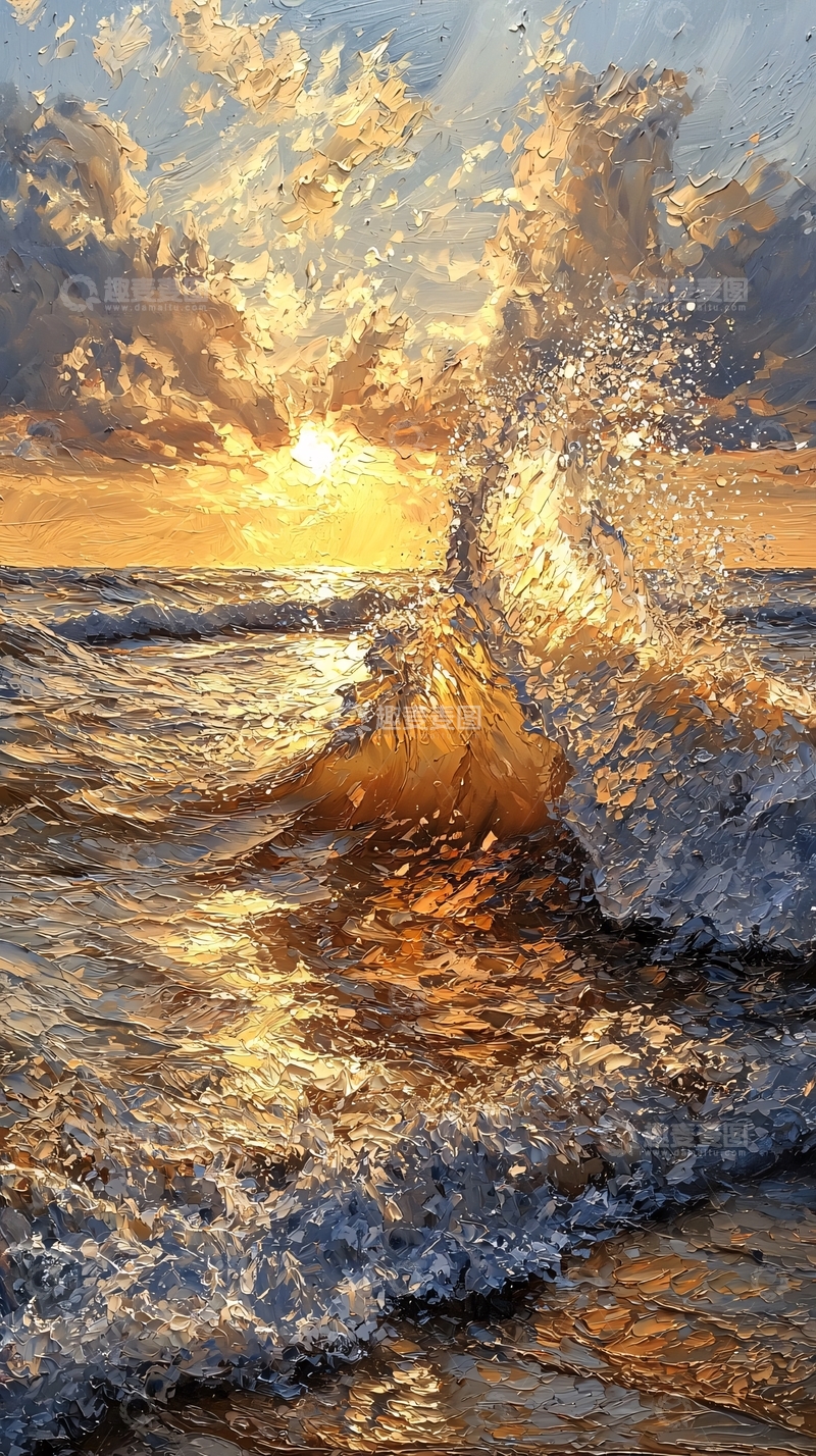 高清大图下载【趣麦麦图】金色阳光下的海浪翻滚