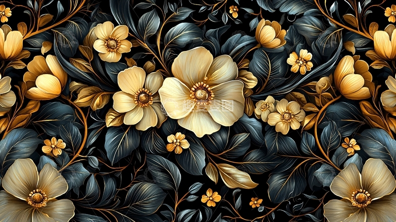 高清大图下载【趣麦麦图】金色花朵与深色叶子图案