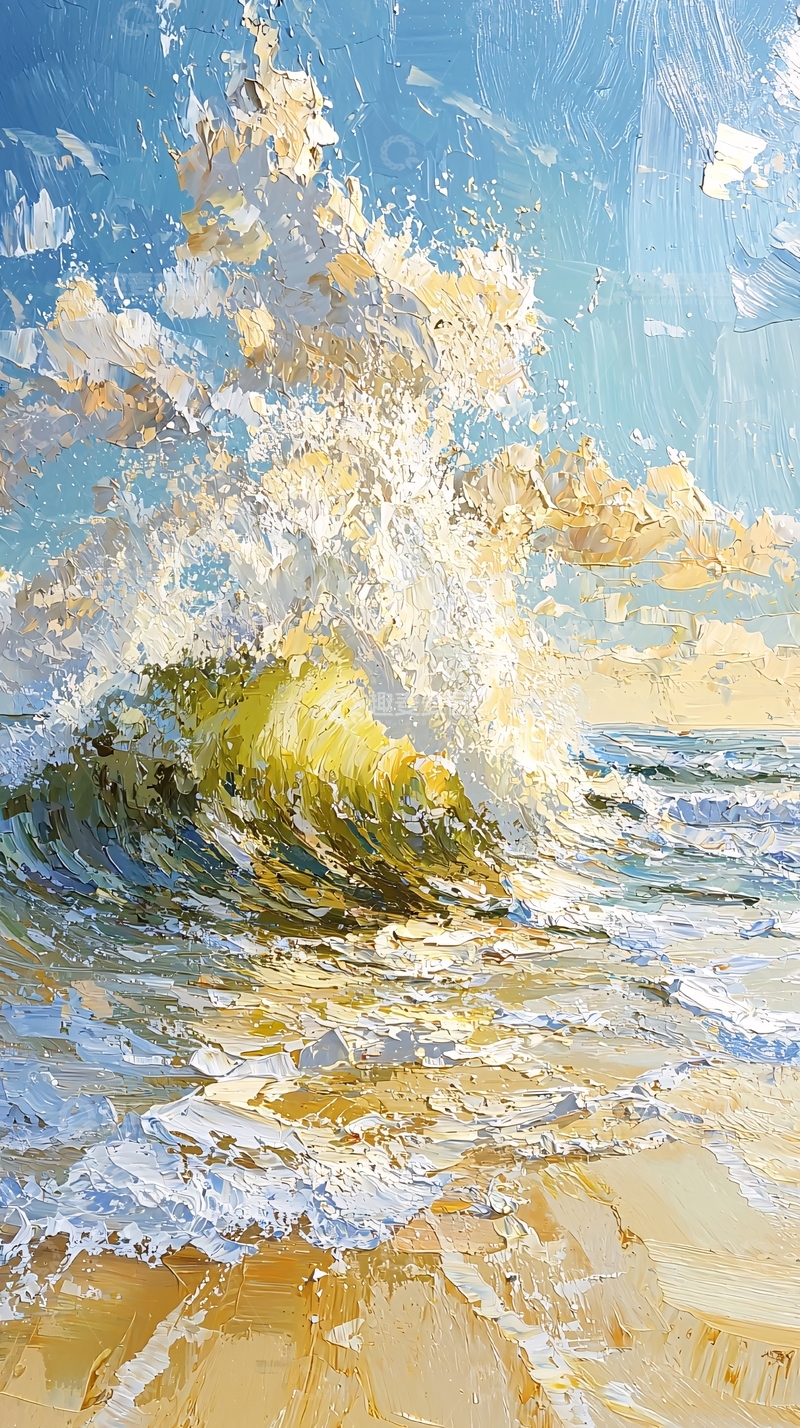 高清大图下载【趣麦麦图】海浪冲击海岸的油画