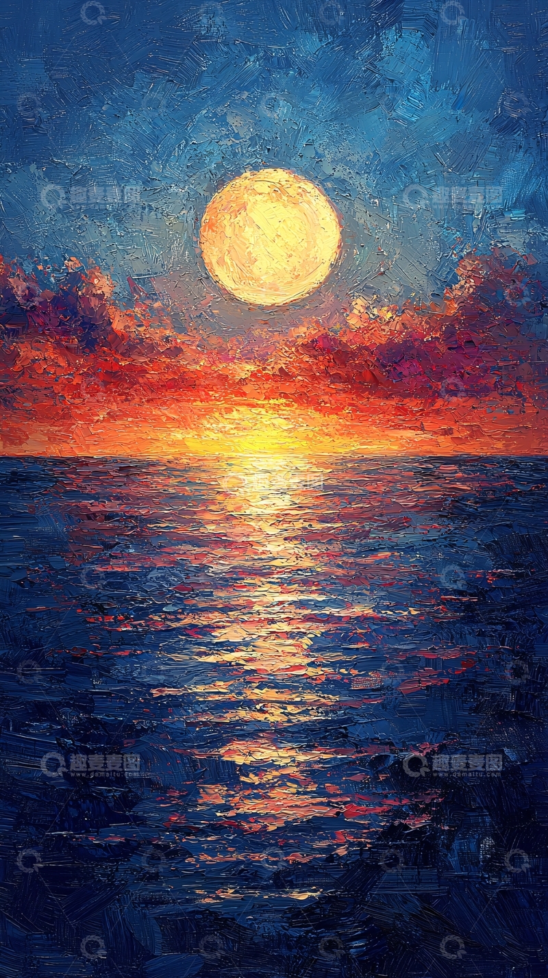 高清大图下载【趣麦麦图】油画风海面满月