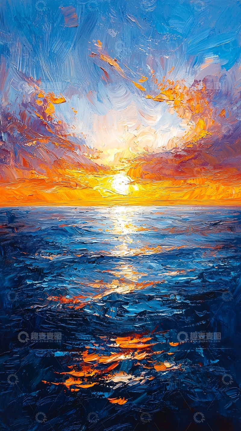 高清大图下载【趣麦麦图】海面日出油画风