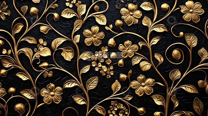 高清大图下载【趣麦麦图】金色花卉黑色背景
