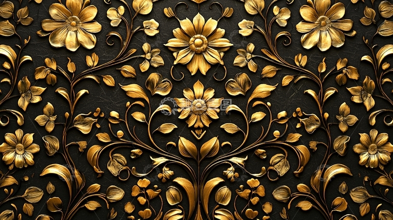 高清大图下载【趣麦麦图】金色花卉浮雕图案