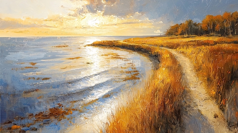 高清大图下载【趣麦麦图】金色海滩的油画风景