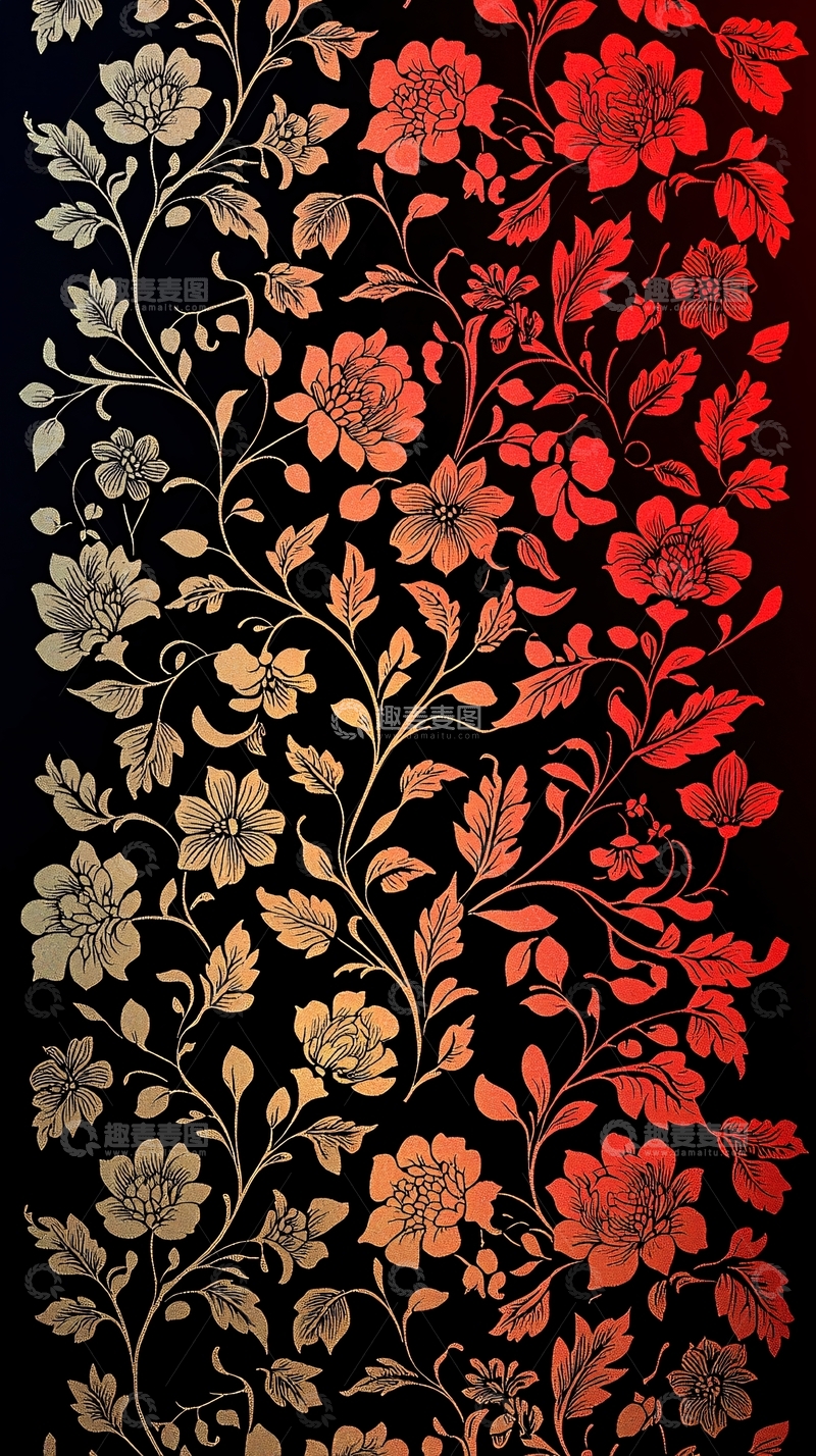 高清大图下载【趣麦麦图】花卉藤蔓在黑色背景上绽放