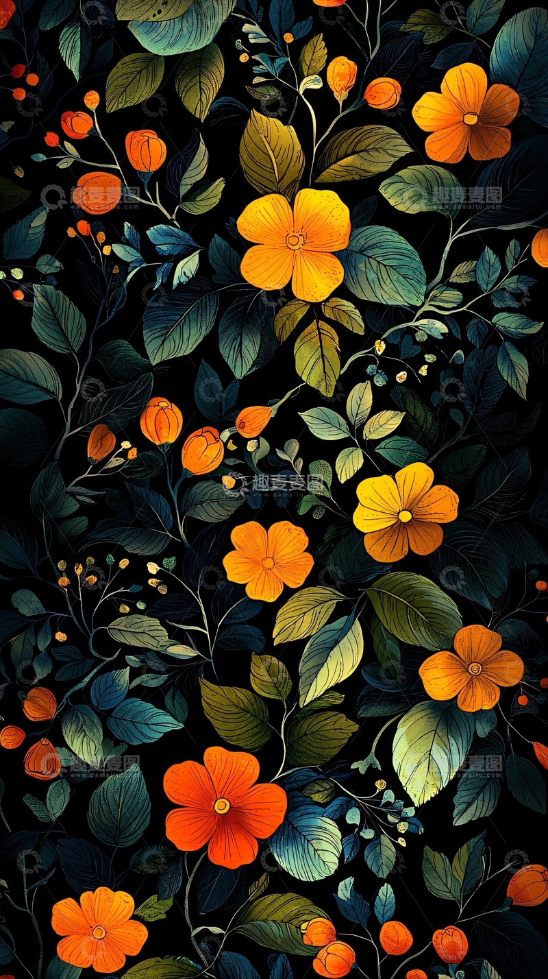 高清大图下载【趣麦麦图】橙色花朵绿叶深色背景