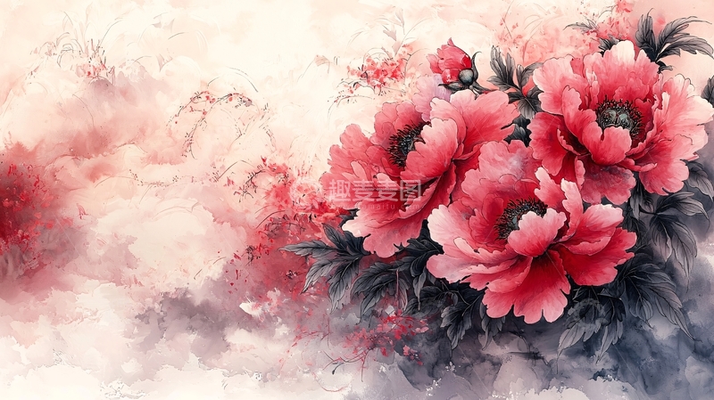 高清大图下载【趣麦麦图】水墨风格的红色牡丹花