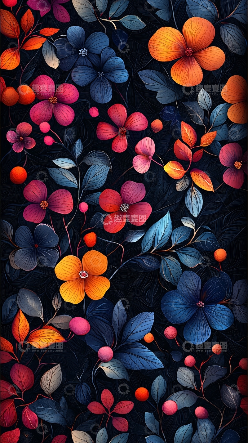 高清大图下载【趣麦麦图】多彩花卉与深色背景