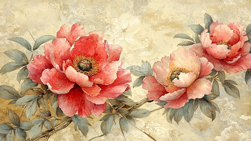 高清大图下载【趣麦麦图】国画风红色牡丹花