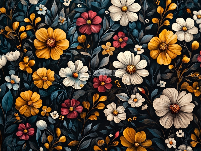 高清大图下载【趣麦麦图】色彩丰富的复古花卉图案