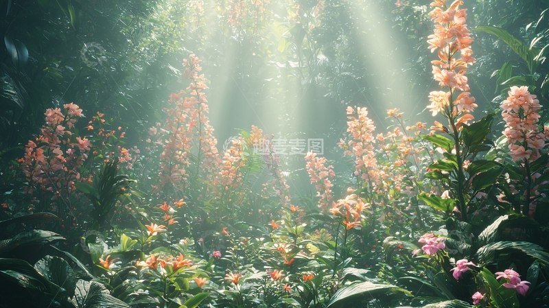 高清大图下载【趣麦麦图】阳光穿过树林照亮花朵