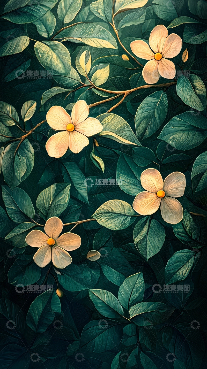 高清大图下载【趣麦麦图】淡色花朵与深绿叶子