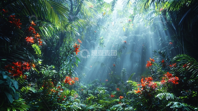 高清大图下载【趣麦麦图】阳光穿过茂密的热带雨林