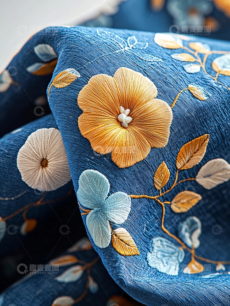 高清大图下载【趣麦麦图】蓝色花朵刺绣织物特写