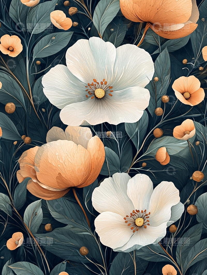 高清大图下载【趣麦麦图】白色与橙色花朵的深色背景图案