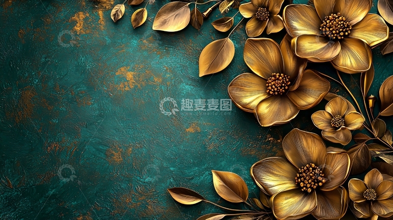 高清大图下载【趣麦麦图】金色花朵与绿松石背景