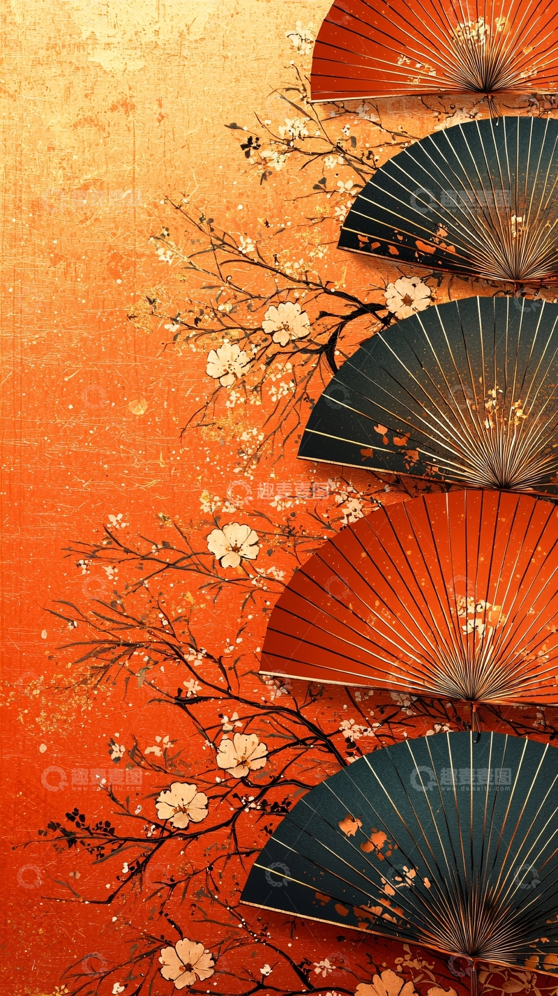高清大图下载【趣麦麦图】橙色背景上的折扇与花卉