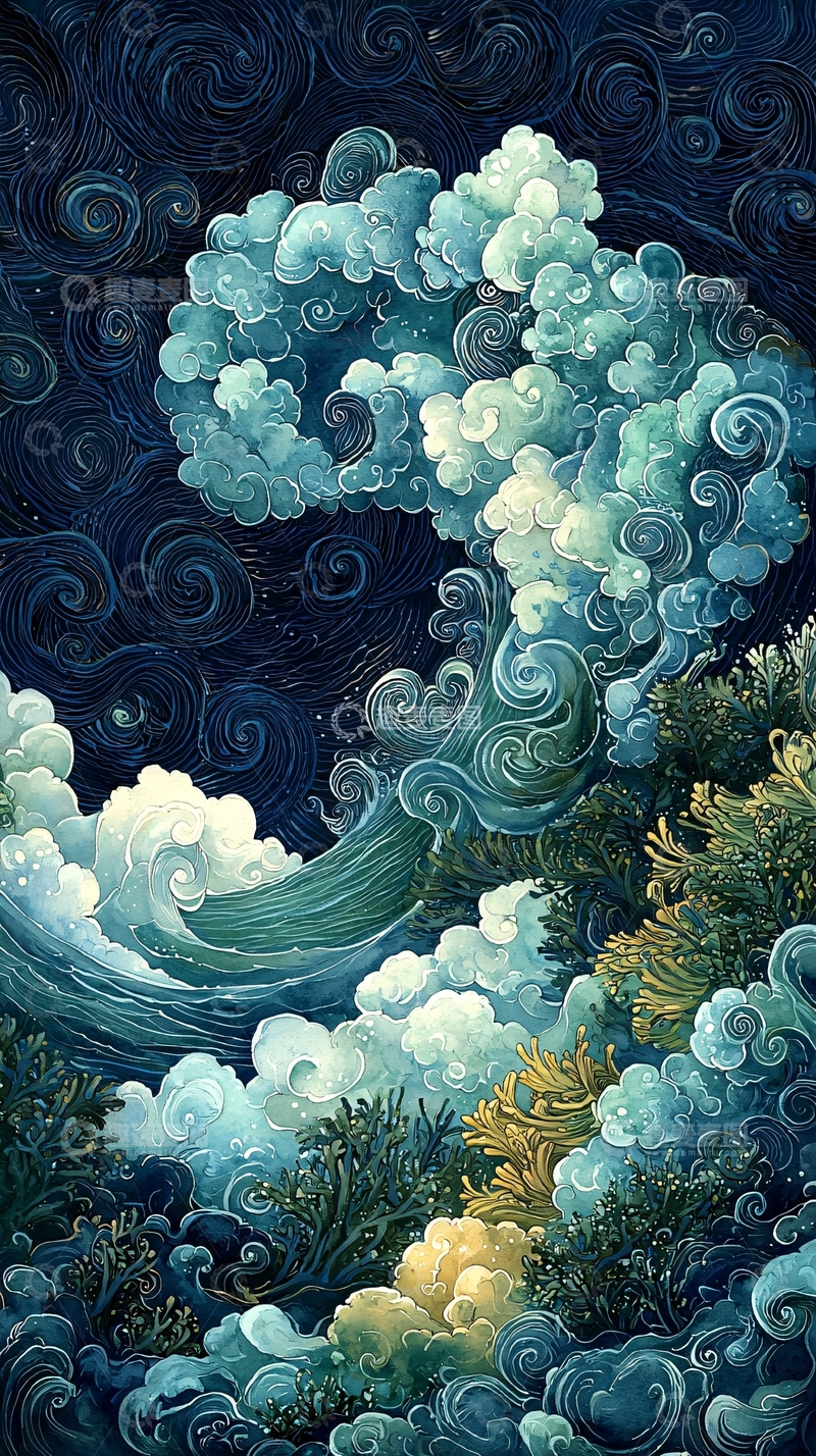 高清大图下载【趣麦麦图】海浪翻滚的唯美水墨画
