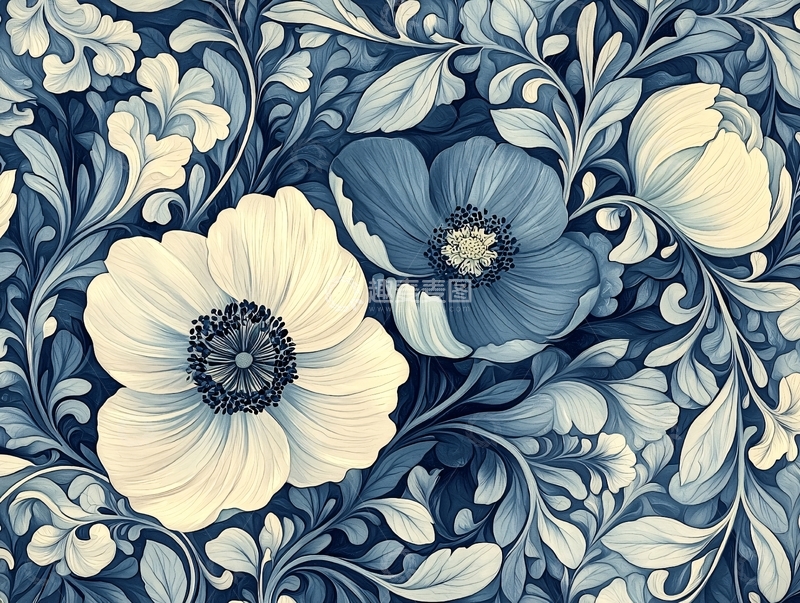 高清大图下载【趣麦麦图】蓝色花卉植物纹样背景