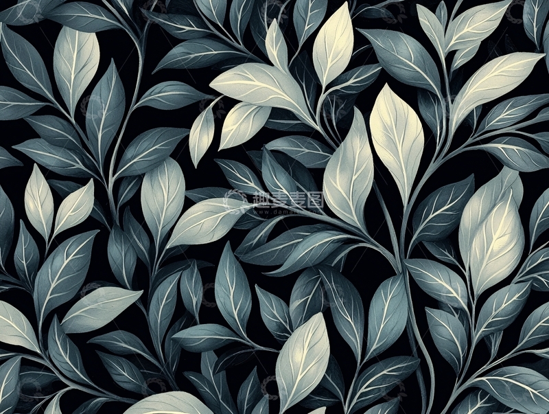 高清大图下载【趣麦麦图】优雅的灰蓝色叶片图案