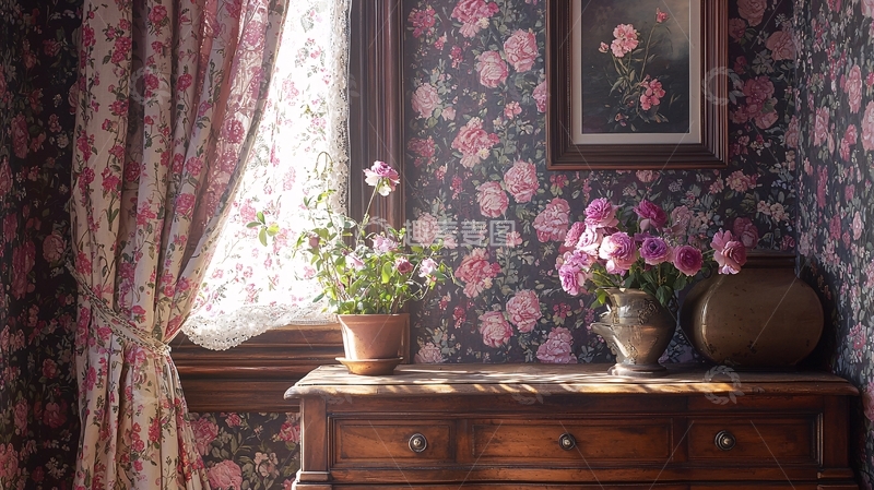 高清大图下载【趣麦麦图】玫瑰花墙纸的房间
