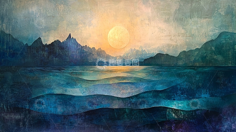 高清大图下载【趣麦麦图】湖面日出山景水彩画