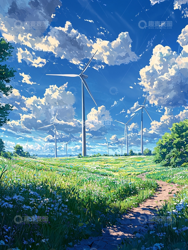 高清大图下载【趣麦麦图】风车蓝天白云下的绿色田野