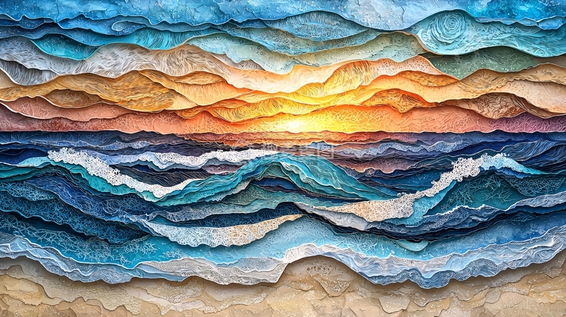 高清大图下载【趣麦麦图】层叠波浪日落海景图