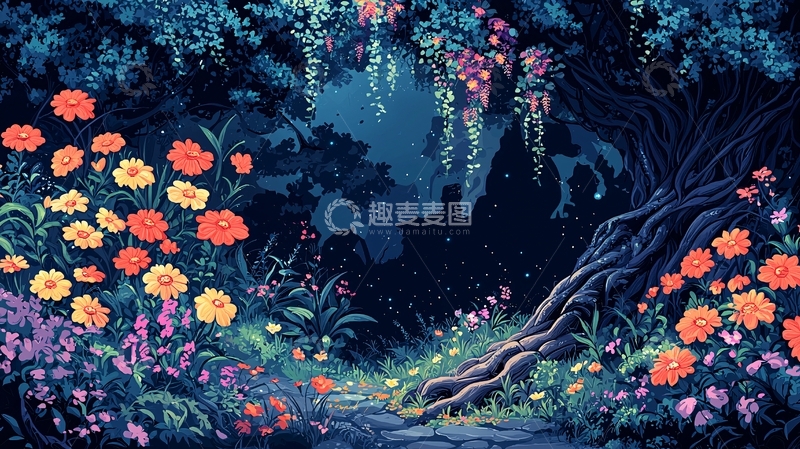 高清大图下载【趣麦麦图】梦幻花园小路鲜花盛开