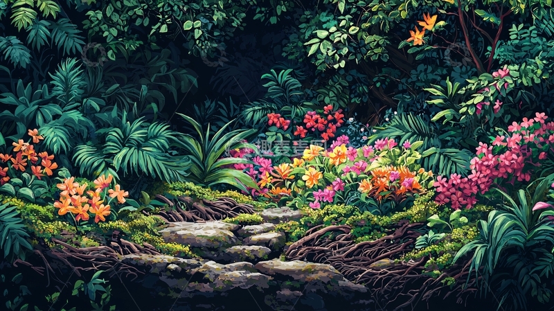 高清大图下载【趣麦麦图】繁茂花园小径鲜花盛开