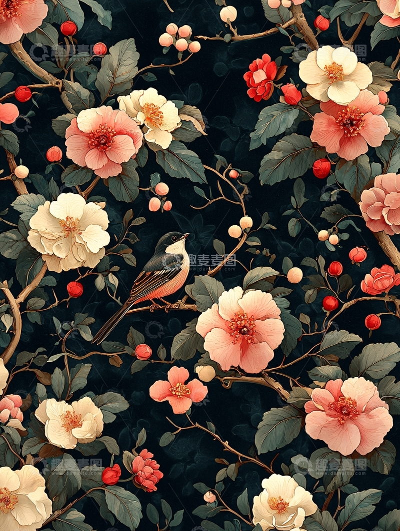 高清大图下载【趣麦麦图】繁花似锦的小鸟图案