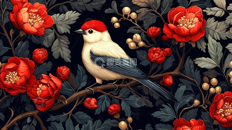 高清大图下载【趣麦麦图】红色花朵与白色小鸟