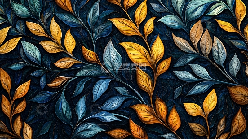 高清大图下载【趣麦麦图】抽象金色蓝色叶子图案