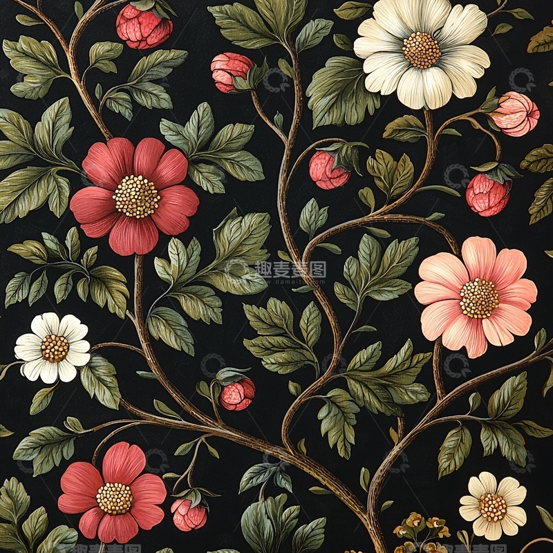 高清大图下载【趣麦麦图】花卉植物在黑色背景上的图案