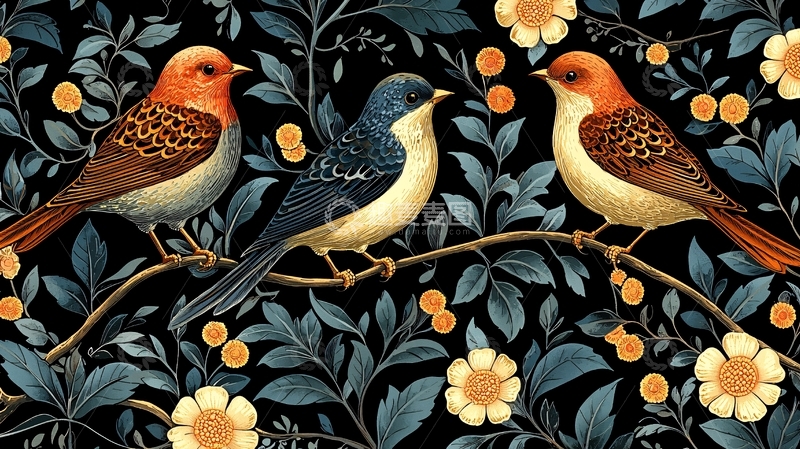 高清大图下载【趣麦麦图】三只鸟栖息在树枝上