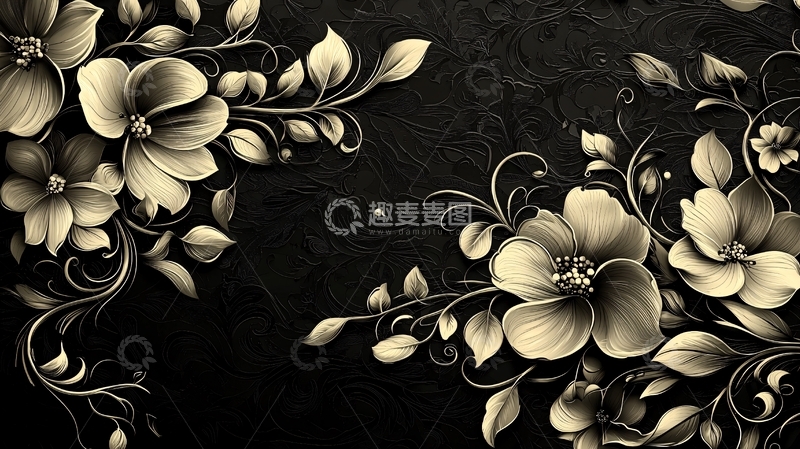 高清大图下载【趣麦麦图】黑底金色花卉图案背景