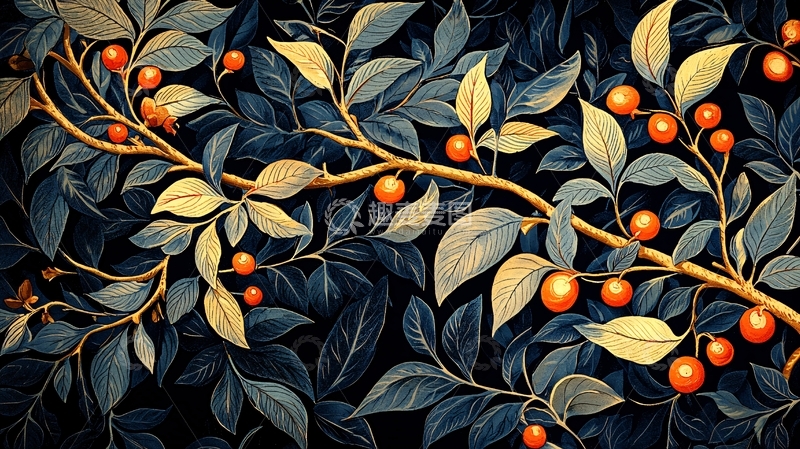 高清大图下载【趣麦麦图】装饰树枝与红色浆果的图案
