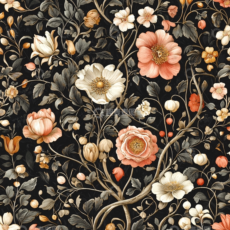 高清大图下载【趣麦麦图】暗色背景的繁复花卉图案