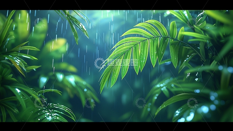 高清大图下载【趣麦麦图】雨中绿叶热带雨林场景