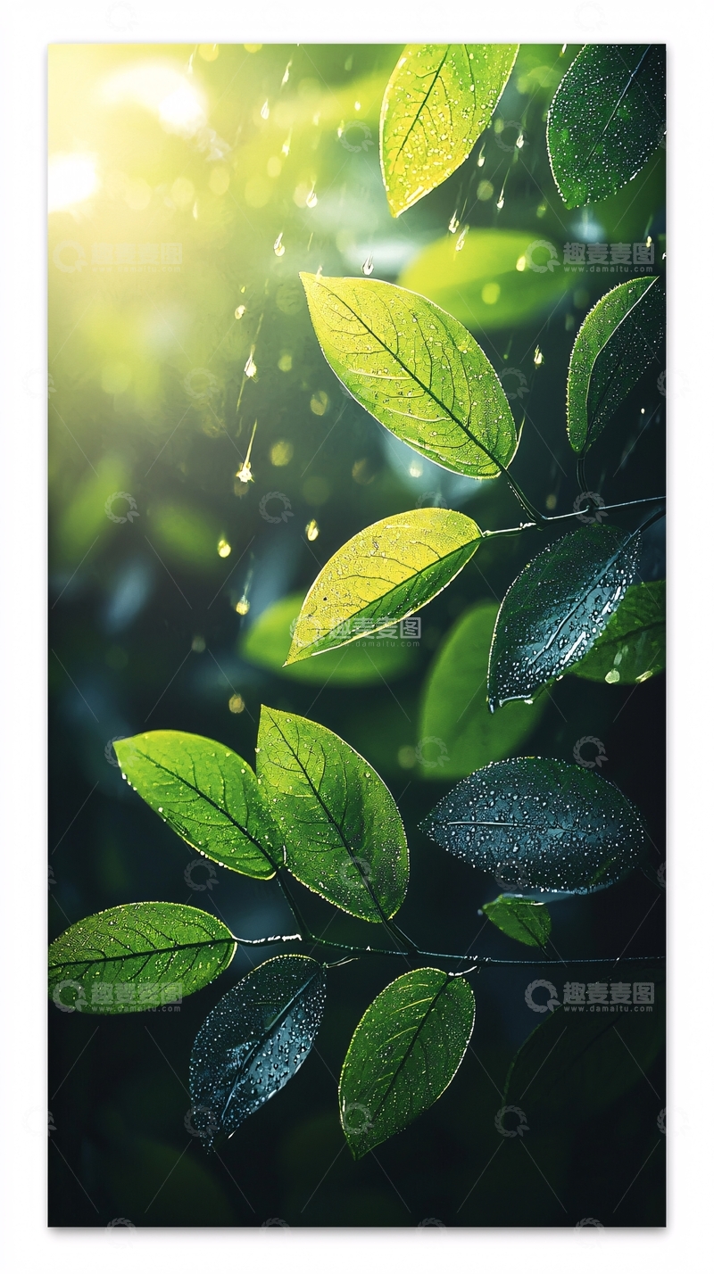 高清大图下载【趣麦麦图】翠绿叶片上晶莹水珠的清新场景