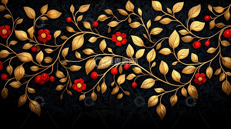 高清大图下载【趣麦麦图】金色藤蔓红色花朵